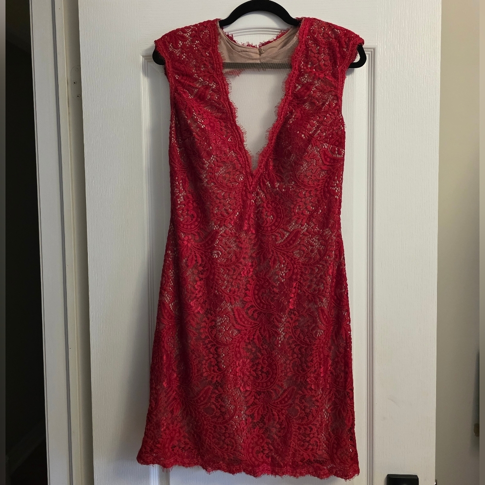 Only You | Women's | Red | Deep V Lace Open Back Midi Dress | Size 12